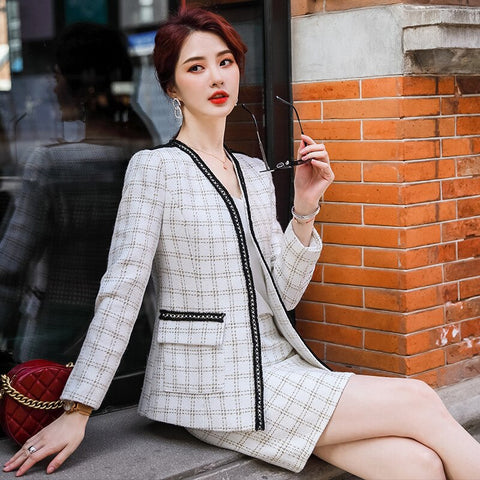 IZICFLY Style Autumn Winter White Plaid 2 Piece Set Women Uniform Designs Skirt Suit With Blazer Business Office Work Wear