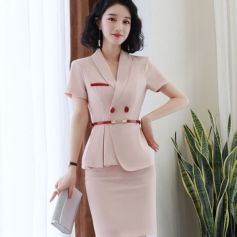 IZICFLY Summer Style 2 Piece Business Suit Women Uniform Elegant Lady Pink Work Wear Blazer Set With Skirt-Include Belt