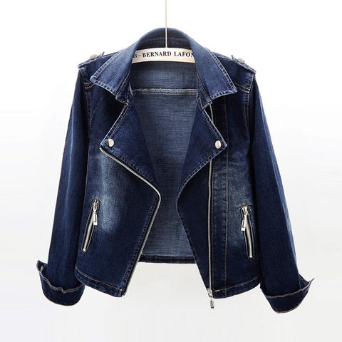 Idopy Womens Motorcycle Zipper Vintage Slim Fit Washed Korean Work Biker Denim Jean Suit Blazer Jacket Coat