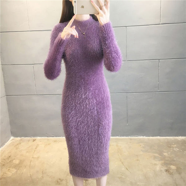 Imitation mink Autumn Winter Long Sleeve Slim High Elasticity Knitted Dress Korean Women Solid Mini Bodycon Dresses
