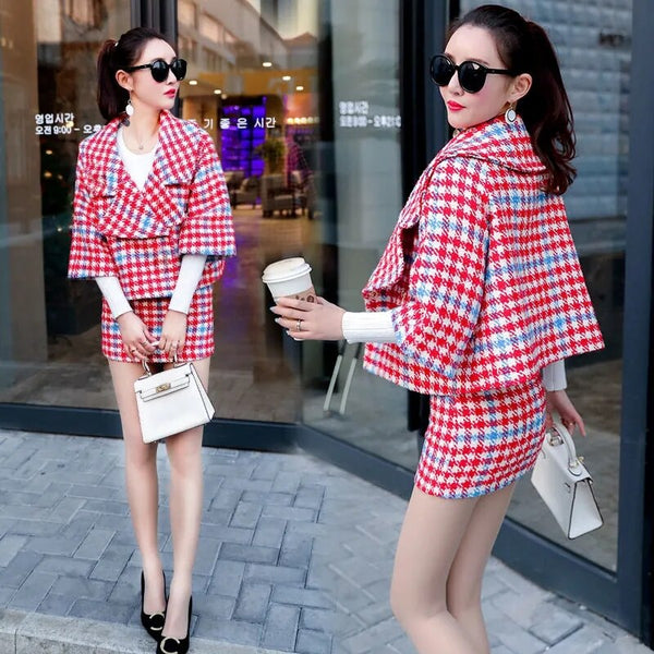 Ins Two-piece Women's Runway Winter Tweed Woolen Suit Plaid Office Slim Wool Coat With Skirt 2-piece Suit NS348