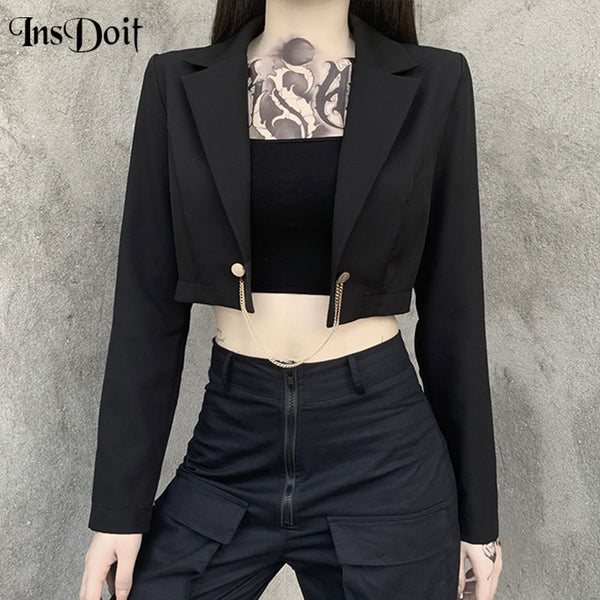 InsDoit Women Punk Casual Metal Chain Black Suit Coat Vintage Autumn Long Sleeve Blazer Vintage Harajuku Streetwear Cropped Tops