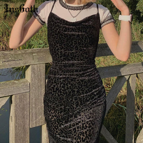 InsGoth Goth Dress Y2K Bodycon Leopard Print Midi Dresses Aesthetic E Girl Bodycon Spaghetti Straps Sexy Dress For Women Party
