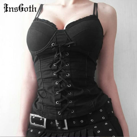 InsGoth Sexy Bandage Camis Women Gothic Black Spaghetti Strap Backless Bodycon Crop Tank Tops Female Vintage Camisoles Summer