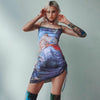 InsGoth Summer Backless Sexy Spaghetti Straps Bodycon Women Mini Dress Vintage Print Stretch Bandage Female Dresses Streetwear