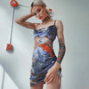 InsGoth Summer Backless Sexy Spaghetti Straps Bodycon Women Mini Dress Vintage Print Stretch Bandage Female Dresses Streetwear