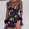 InsGoth Women Black Mini Dress Gothic Punk Sun Moon Printed Elegent Casual Loose Spaghetti Straps Aesic Vintage Female Dress