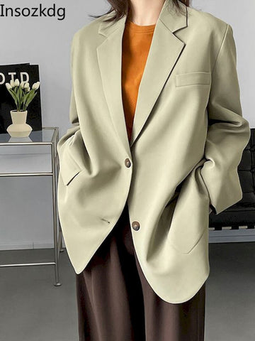 Insozkdg 2023 Women's Oversized Blazer Green Vintage Office Lady Single Button Notched Blazer Female Loose Mid-length Korean Y2k