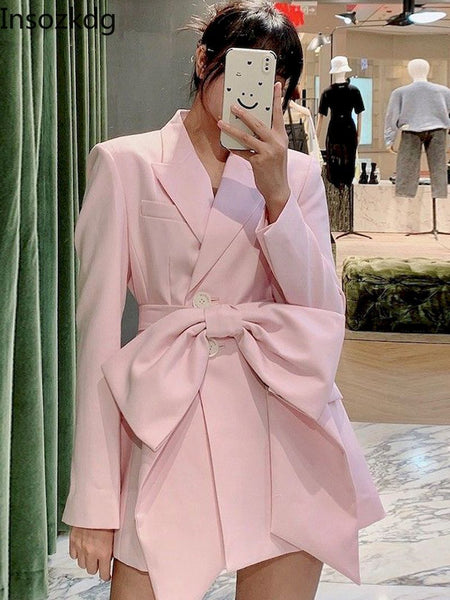 Insozkdg Pink Jacket Ladies Lapel Blazer with Big Bow Tie Women Solid Jacket Casual Tops Korea Spring Women Clothes
