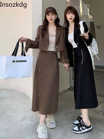 Insozkdg Sexy One Button Short Women Blazer Cropped High Waist Irregular Cross Slit Skirt Long Sleeve Suits 2 Pieces Set Vintage