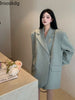 Insozkdg Spring Single Button Women Long Blazer Jacket Long Sleeve Loose Female Suit Jackets Elegant Ladies Outwear Tops Coats