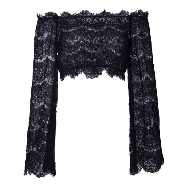 Black Flare Sleeve Lace Blouse Crop Top Women Sexy Elastic Slash Neck See Through Shirts Summer Autumn Holiday Outfit