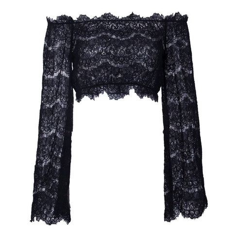 Black Flare Sleeve Lace Blouse Crop Top Women Sexy Elastic Slash Neck See Through Shirts Summer Autumn Holiday Outfit
