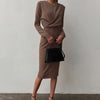 InstaElegant Women's Dress Round Neck Long Sleeve Draped Knee-Length Straight Dresses 2022 Autumn Solid Casual Office Lady