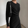 InstaElegant Women's Dress Round Neck Long Sleeve Draped Knee-Length Straight Dresses 2022 Autumn Solid Casual Office Lady