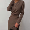 InstaElegant Women's Dress Round Neck Long Sleeve Draped Knee-Length Straight Dresses 2022 Autumn Solid Casual Office Lady