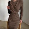 InstaElegant Women's Dress Round Neck Long Sleeve Draped Knee-Length Straight Dresses 2022 Autumn Solid Casual Office Lady