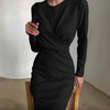 InstaElegant Women's Dress Round Neck Long Sleeve Draped Knee-Length Straight Dresses 2022 Autumn Solid Casual Office Lady