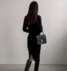 InstaElegant Women's Dress Round Neck Long Sleeve Draped Knee-Length Straight Dresses 2022 Autumn Solid Casual Office Lady
