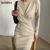 InstaElegant Women's Dress Round Neck Long Sleeve Draped Knee-Length Straight Dresses 2022 Autumn Solid Casual Office Lady
