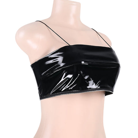 Sexy Back Zipper PU Leather Hot Tops Women Sleeveless Spaghetti Strap Cropped Tanks Black Camis 2022 Summer Party Club