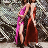 Insta Sexy Satin V Neck Maxi Dress Women Spaghetti Strap Sleeveless Backless Side Split Long Dresses 2022 Spring Lady Vestido