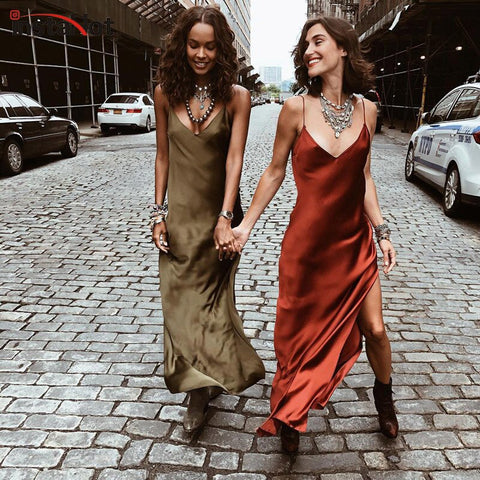 Insta Sexy Satin V Neck Maxi Dress Women Spaghetti Strap Sleeveless Backless Side Split Long Dresses 2022 Spring Lady Vestido