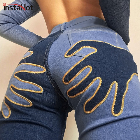 InstaWomen Flare Jeans Embroidery Trousers Y2K Casual Streetwear Denim Vintage Female 2022 Sexy Patchwork Pantalones