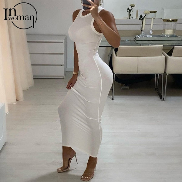 Inwoman Ribbed Knitted Summer Black White Maxi Dress Women 2022 Sexy Party Bodycon Long Dress Sundress Ladies Brown Wrap Dresses