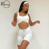 Inwoman Spring Fall Bandage Slim White Short Pants Sets Casual 2 Two Piece Sets Womens Outifits Shirring Sleeveless Crop Top