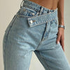 Irregular Belt Jeans Woman Light Blue High Waisted Straight Pants Woman Streetwear Denim Bottom Summer Vintage Jeans Mom Trouser
