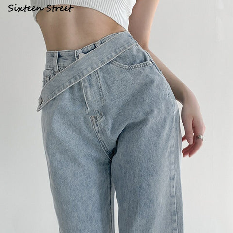 Irregular Belt Jeans Woman Light Blue High Waisted Straight Pants Woman Streetwear Denim Bottom Summer Vintage Jeans Mom Trouser