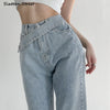 Irregular Belt Jeans Woman Light Blue High Waisted Straight Pants Woman Streetwear Denim Bottom Summer Vintage Jeans Mom Trouser