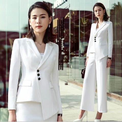 Irregular Blazer with Skirt/Pant Office Uniform Designs Women Elegant Skirt Suit Black White Ladies 2 Piece Business Work Outfit