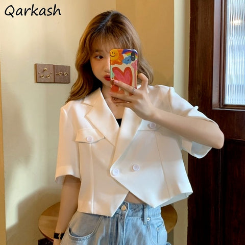 Irregular Design Short Sleeve Blazers Women White Korean Style Chic All-match Temperament Summer Streetwear Crop Tops