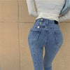 Irregular Single-breasted Skinny Jeans Woman Elastic Denim Blue Pencil Pants Woman Korean Slim High Waisted Mom Jeans Woman