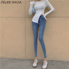 Irregular Single-breasted Skinny Jeans Woman Elastic Denim Blue Pencil Pants Woman Korean Slim High Waisted Mom Jeans Woman