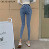 Irregular Single-breasted Skinny Jeans Woman Elastic Denim Blue Pencil Pants Woman Korean Slim High Waisted Mom Jeans Woman