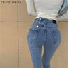 Irregular Single-breasted Skinny Jeans Woman Elastic Denim Blue Pencil Pants Woman Korean Slim High Waisted Mom Jeans Woman