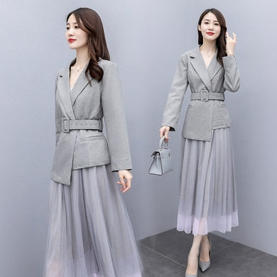 Irregular Women Suits With Skirts Two Piece Skirt Suit Ensemble Femme Survetement Sashes Pleated Conbinaison Femme Clothes