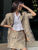 Iyundo Korean Chic Summer Blazer Skirt Set Ladies Retro Niche Lapel Printed Suit Short Jacket + High Waist Irregular Skirt Suit