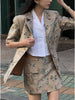 Iyundo Korean Chic Summer Blazer Skirt Set Ladies Retro Niche Lapel Printed Suit Short Jacket + High Waist Irregular Skirt Suit