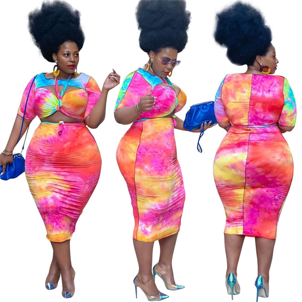J21s6058 spot European and American large women's tie dye printing  short sleeve half skirt two sets
