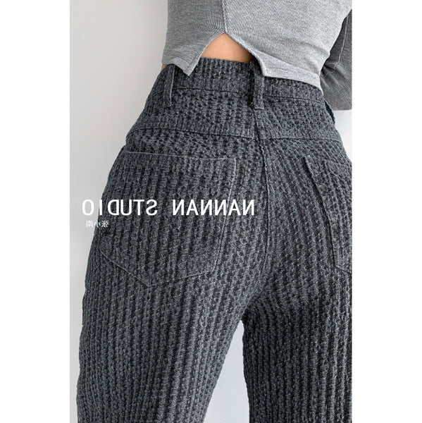 JESSIC Retro Trendy Air Woven Jeans Women's Thin High-waisted Straight Wide-leg Pants Drape Mopping Trousers Spring