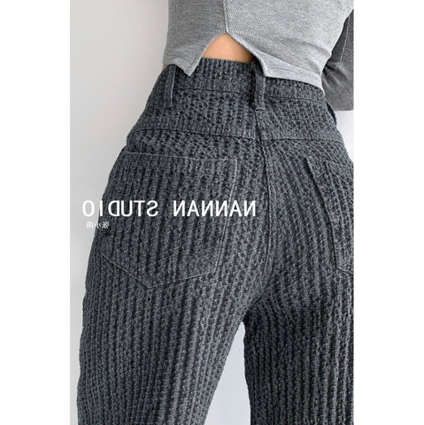 JESSIC Retro Trendy Air Woven Jeans Women's Thin High-waisted Straight Wide-leg Pants Drape Mopping Trousers Spring