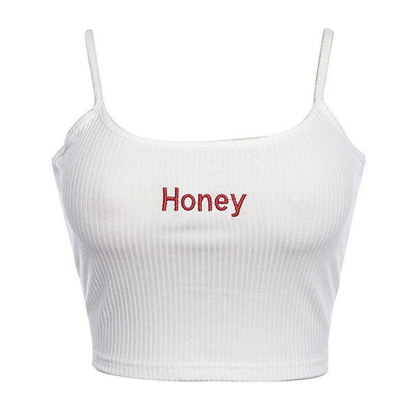 Summer Sexy Women Crop Top Honey Letter Embroidery Strap Tank Tops Cropped Feminine Ladies Elastic Shirt Vest Camisole