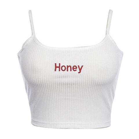 Summer Sexy Women Crop Top Honey Letter Embroidery Strap Tank Tops Cropped Feminine Ladies Elastic Shirt Vest Camisole