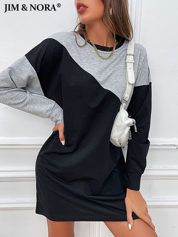 JIM & NORA 2023 Women Long Sleeve Round Neck Loose Mini Dress Autumn Parchwork Dresses Casual Ourdoor Vestidos Hot