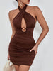 JIM & NORA 2023 Sexy Hollow Out Cross Halter Backless Ruched Mini Dress Bodycon Party Dresses Nightclub Wear For Women Summer
