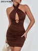 JIM & NORA 2023 Sexy Hollow Out Cross Halter Backless Ruched Mini Dress Bodycon Party Dresses Nightclub Wear For Women Summer